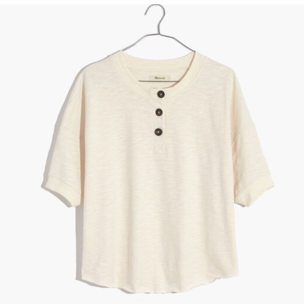 Madewell Raw Edge Henley Crop Top Tee Shirt • Antique Cream • size Medium